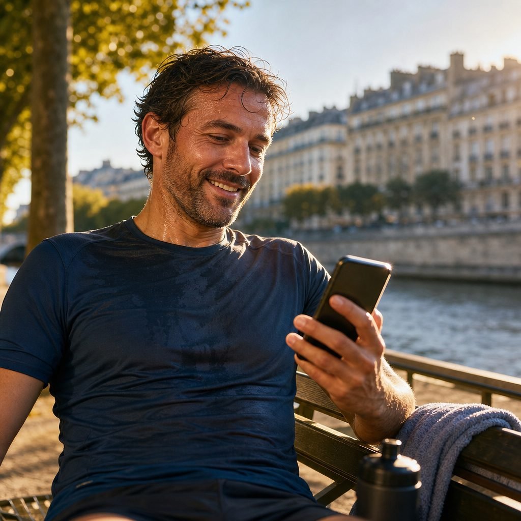 Visuel publicitaire généré par l'IA : un homme d'une quarantaine d'années, essoufflé après sa séance de course sur les quais, sourit en consultant son téléphone
