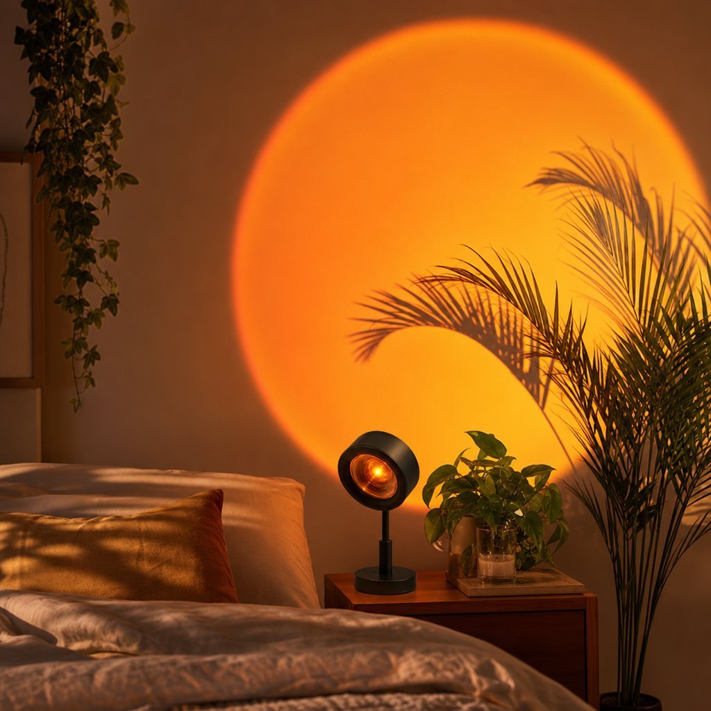 Visuel publicitaire généré par l'IA : lampe sunset projetant un halo coucher de soleil dans une chambre cosy